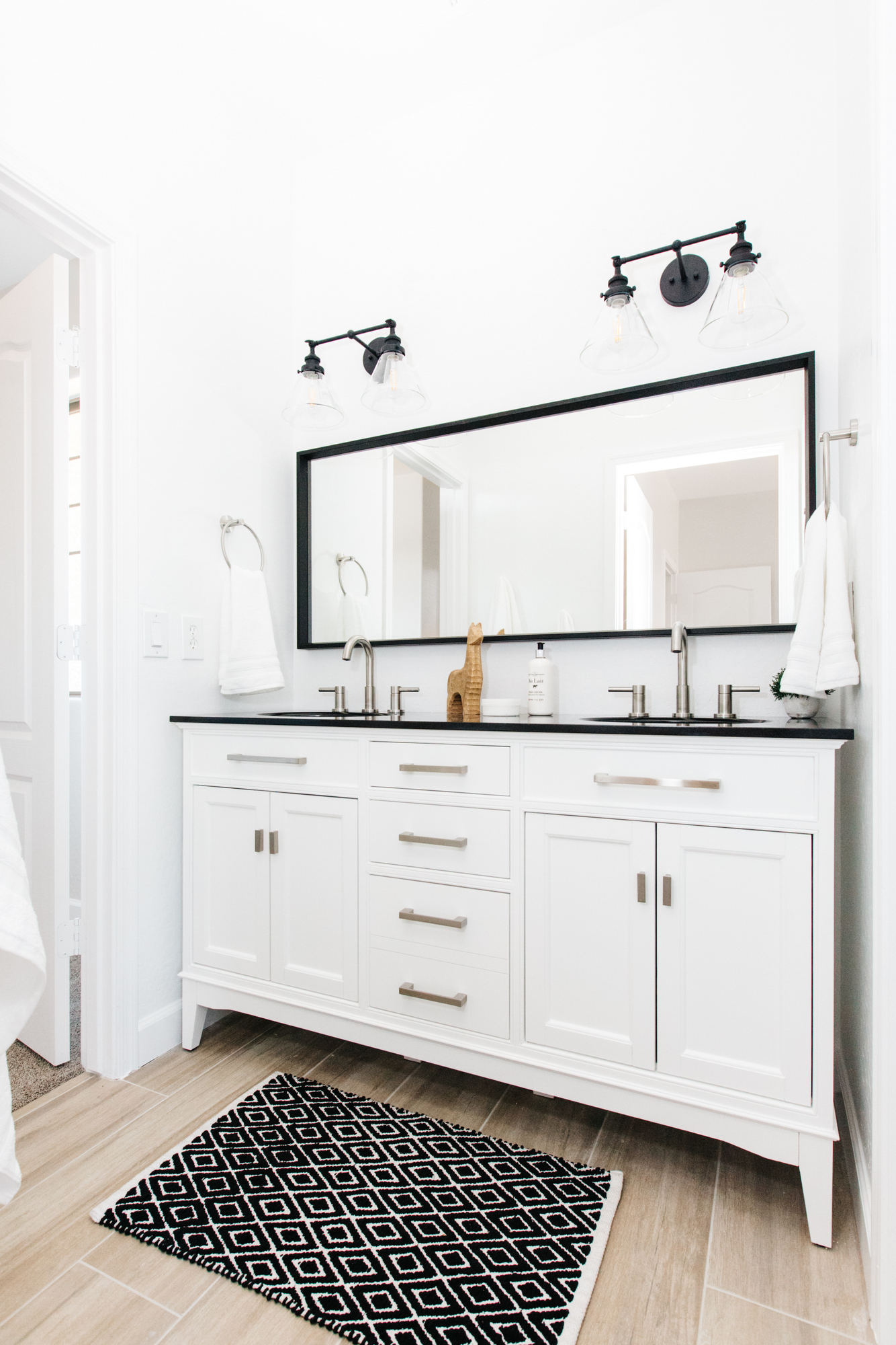 black and white double sink vanity