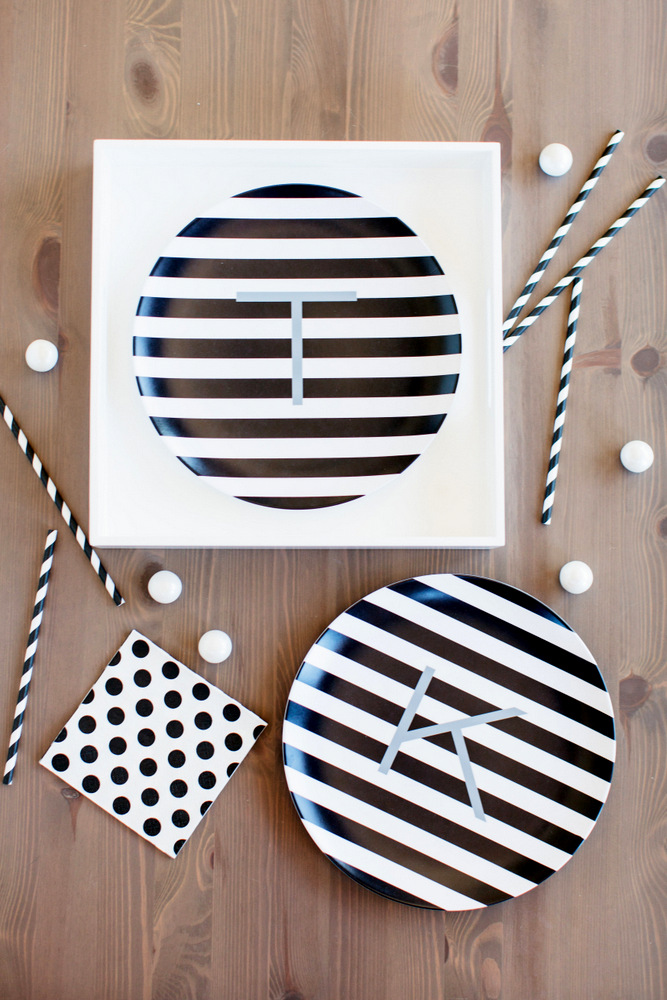 black and white striped plates