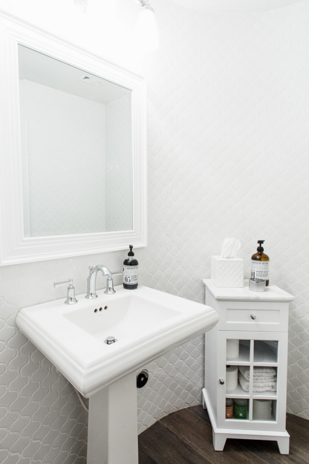 White Powder Room with Pedestal Sink and Moroccan Wall Tile