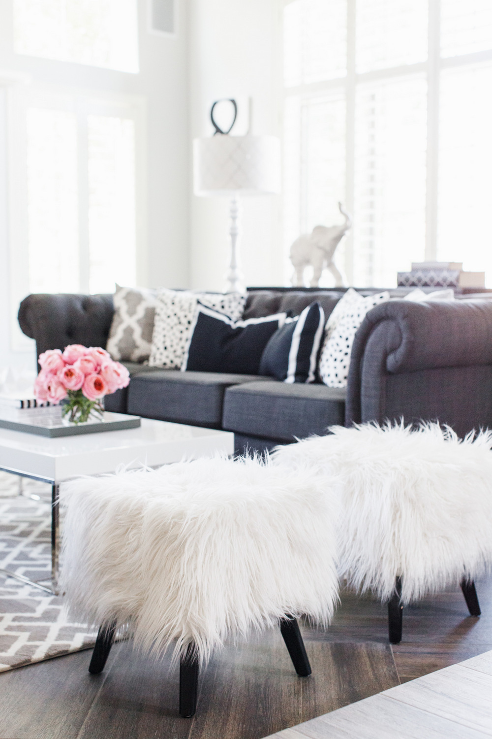 Furry White Ottomans in Formal Living Room