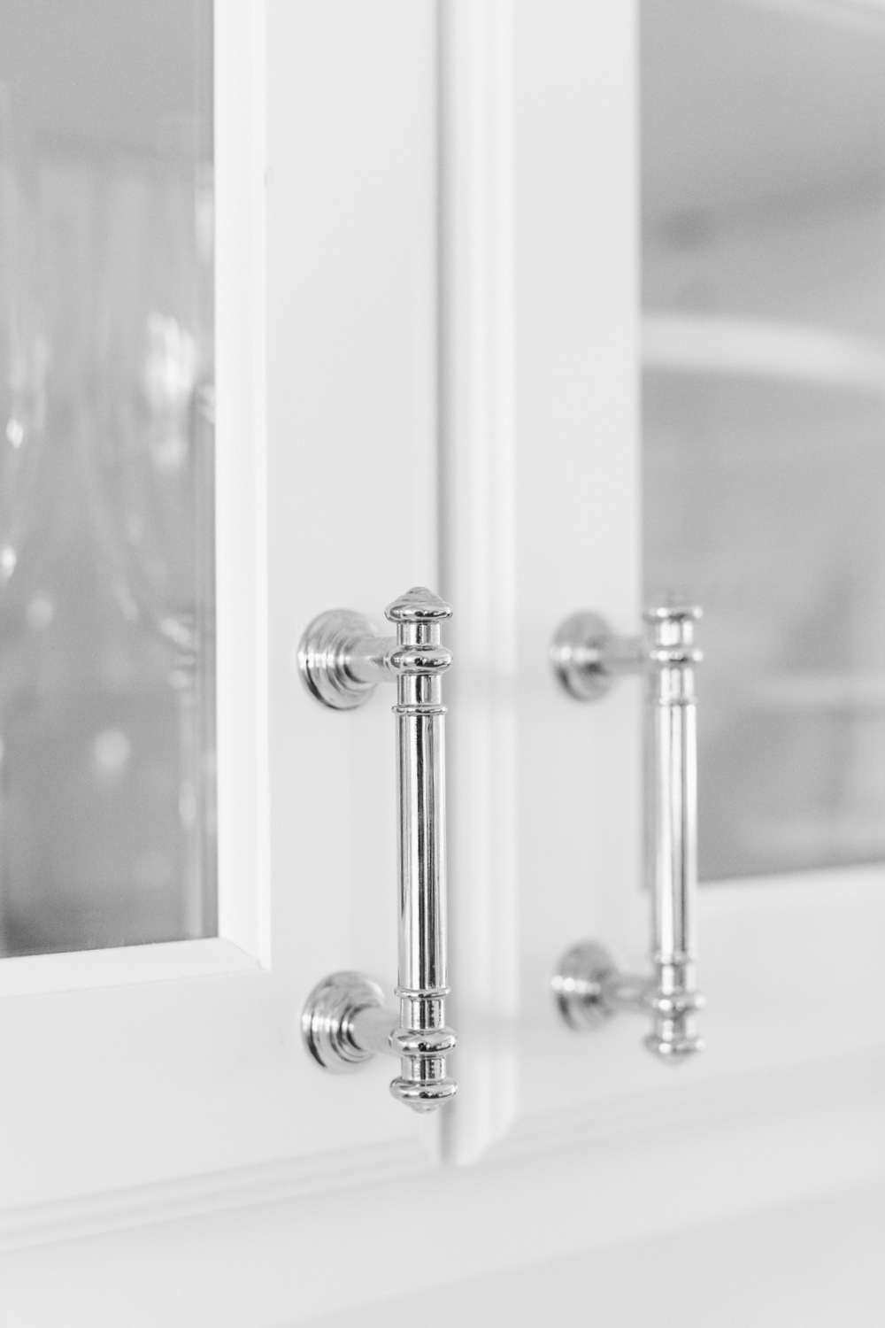 White Kitchen Cabinets with Martha Stewart Chrome Pulls