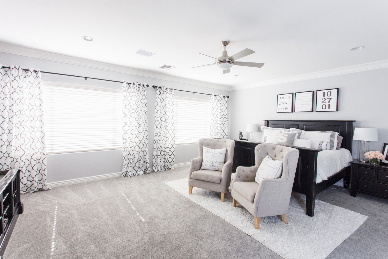 Gray and White Master Bedroom with Custom Canvas Art