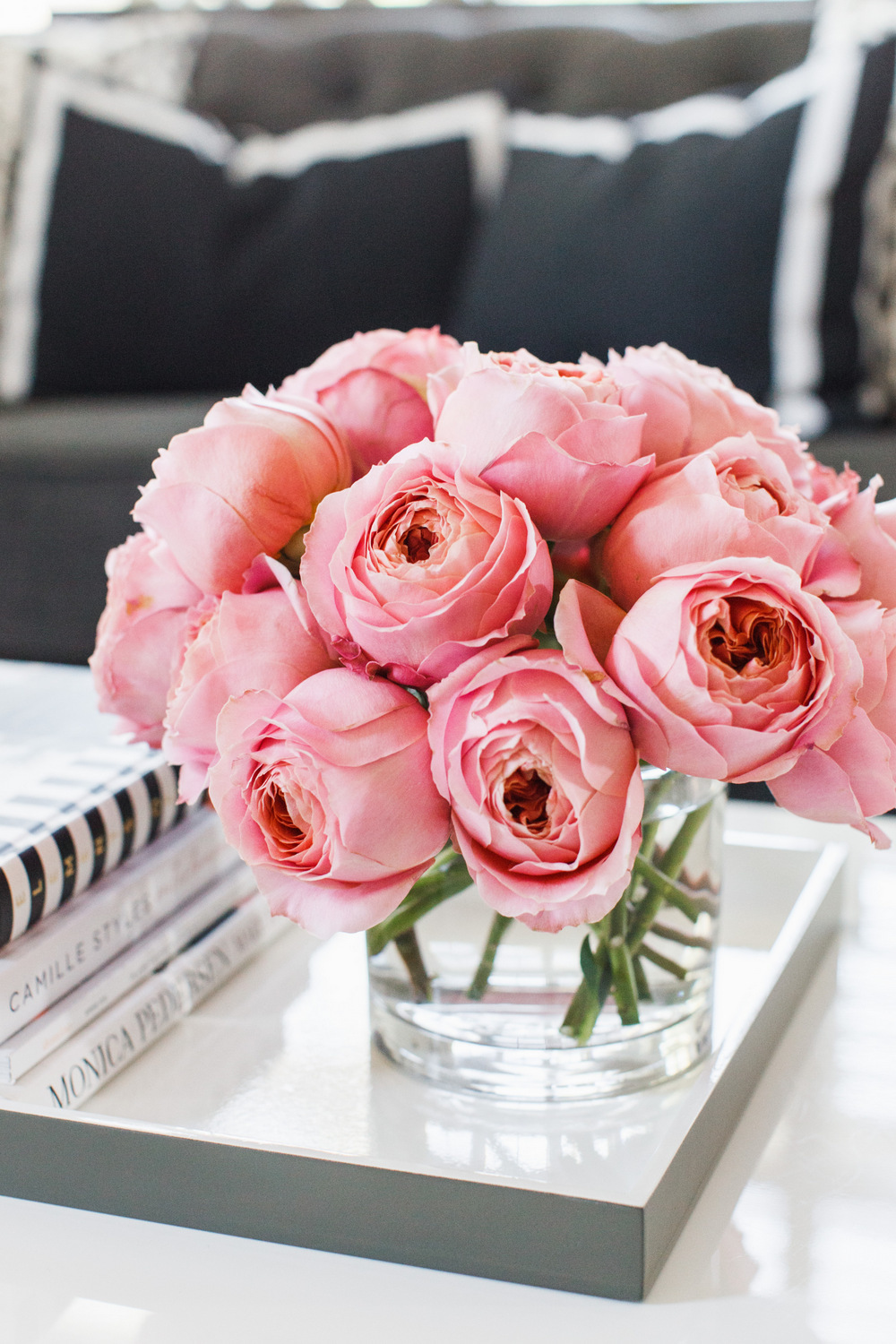 Light Pink Roses Peonies in Vase on Coffee Table
