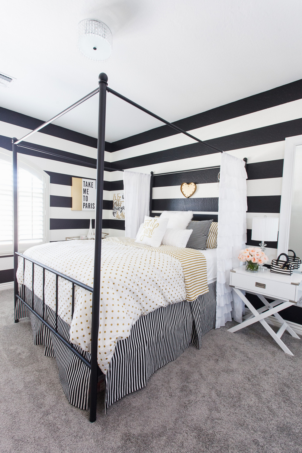 Kate's Black White Gold Bedroom with Striped Walls